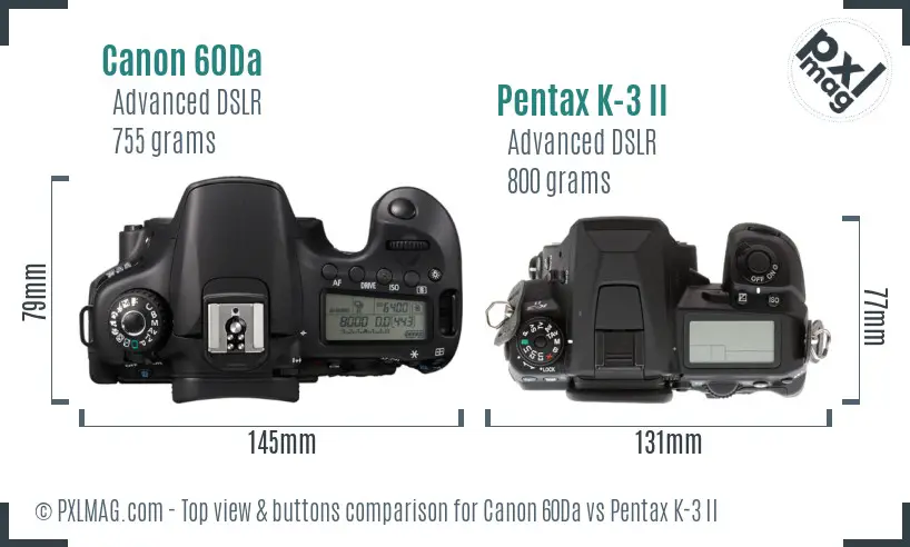 Canon 60Da vs Pentax K-3 II top view buttons comparison