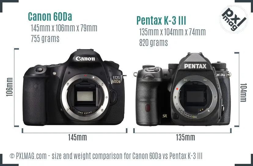 Canon 60Da vs Pentax K-3 III size comparison