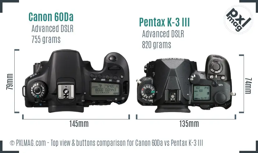 Canon 60Da vs Pentax K-3 III top view buttons comparison