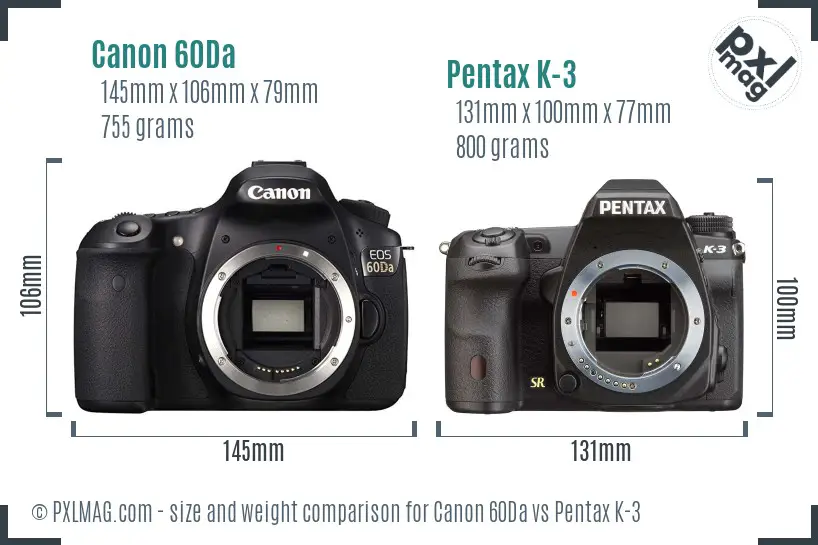 Canon 60Da vs Pentax K-3 size comparison