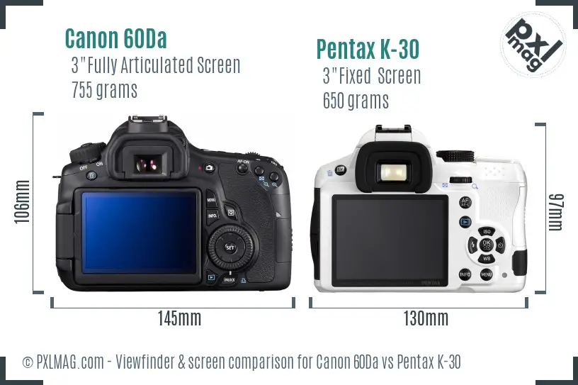 Canon 60Da vs Pentax K-30 Screen and Viewfinder comparison