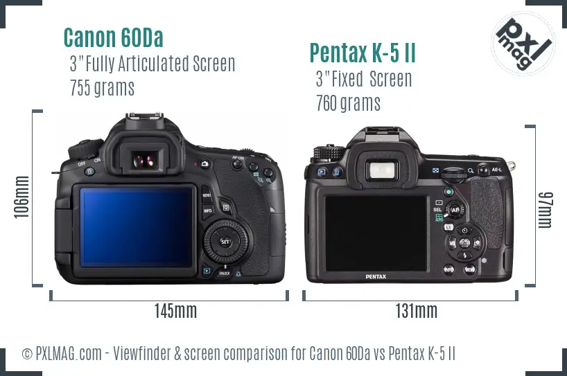 Canon 60Da vs Pentax K-5 II Screen and Viewfinder comparison