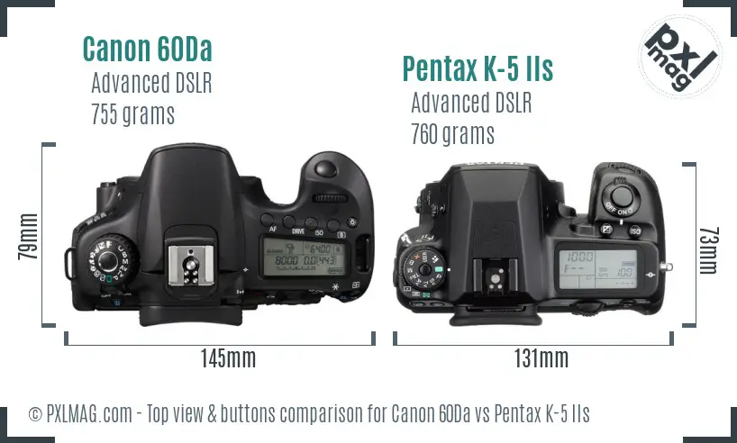 Canon 60Da vs Pentax K-5 IIs top view buttons comparison