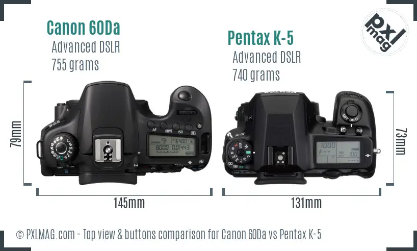 Canon 60Da vs Pentax K-5 top view buttons comparison