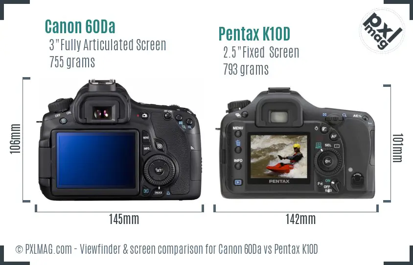 Canon 60Da vs Pentax K10D Screen and Viewfinder comparison