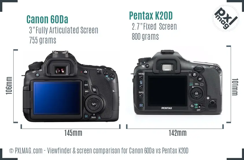 Canon 60Da vs Pentax K20D Screen and Viewfinder comparison