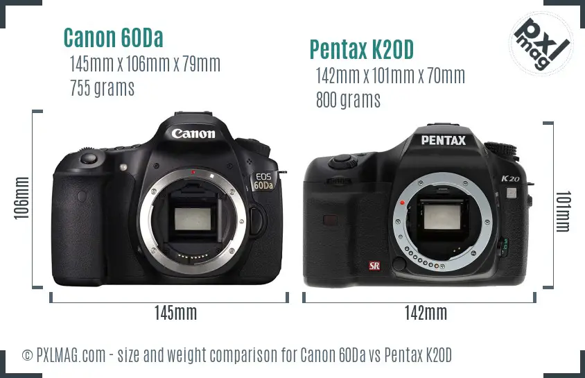 Canon 60Da vs Pentax K20D size comparison