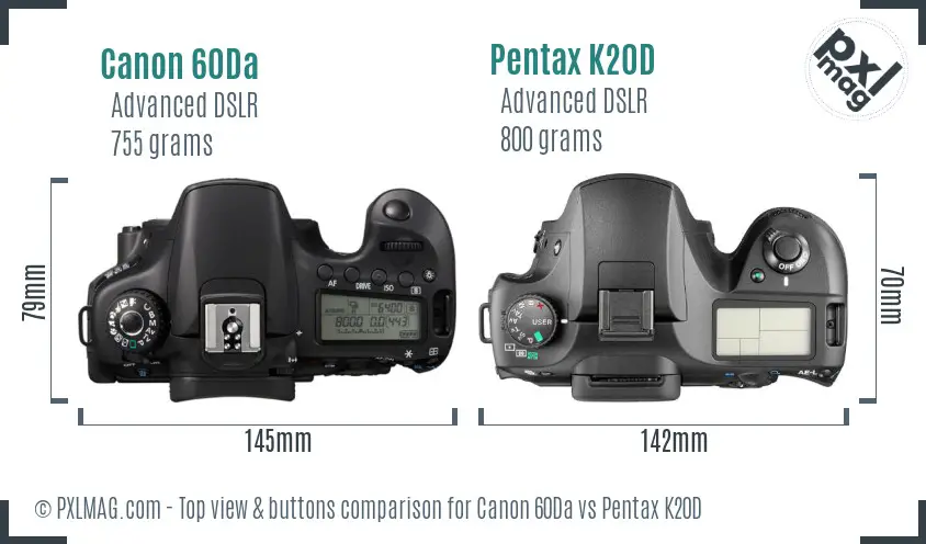 Canon 60Da vs Pentax K20D top view buttons comparison