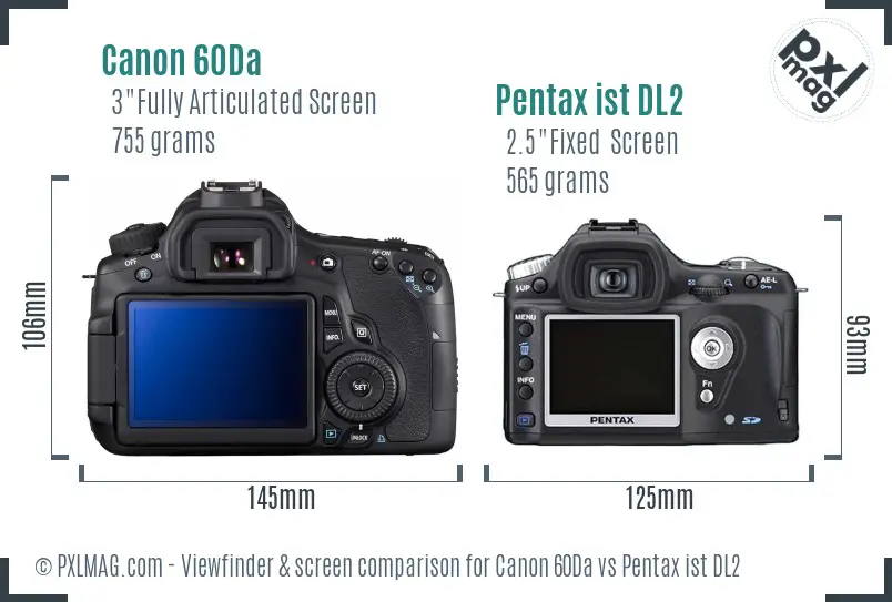 Canon 60Da vs Pentax ist DL2 Screen and Viewfinder comparison