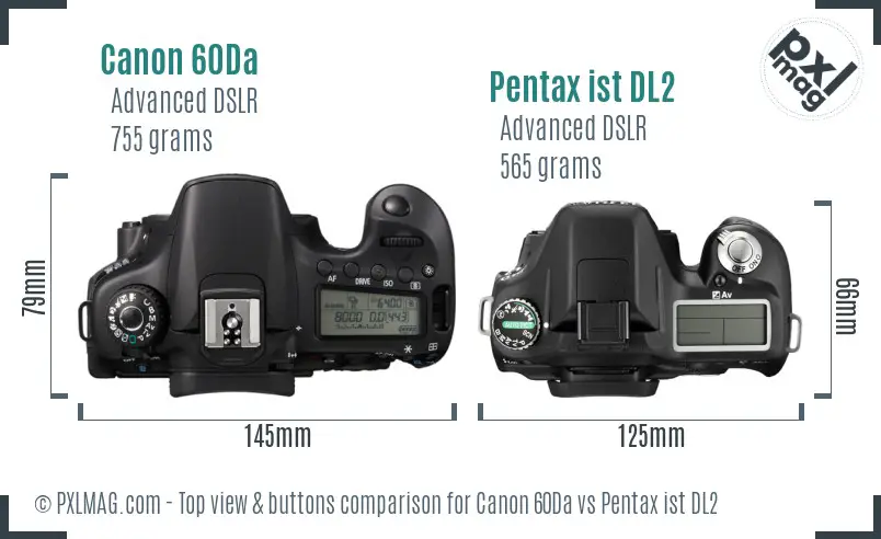 Canon 60Da vs Pentax ist DL2 top view buttons comparison