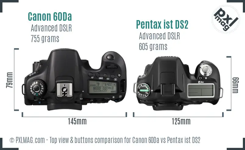 Canon 60Da vs Pentax ist DS2 top view buttons comparison