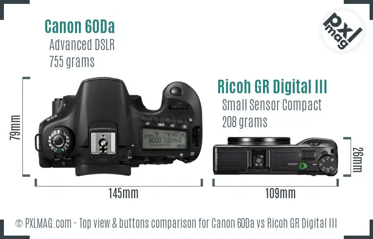 Canon 60Da vs Ricoh GR Digital III top view buttons comparison