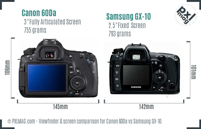 Canon 60Da vs Samsung GX-10 Screen and Viewfinder comparison