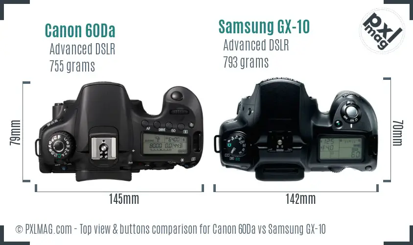 Canon 60Da vs Samsung GX-10 top view buttons comparison