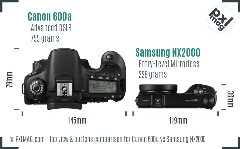 Canon 60Da vs Samsung NX2000 top view buttons comparison