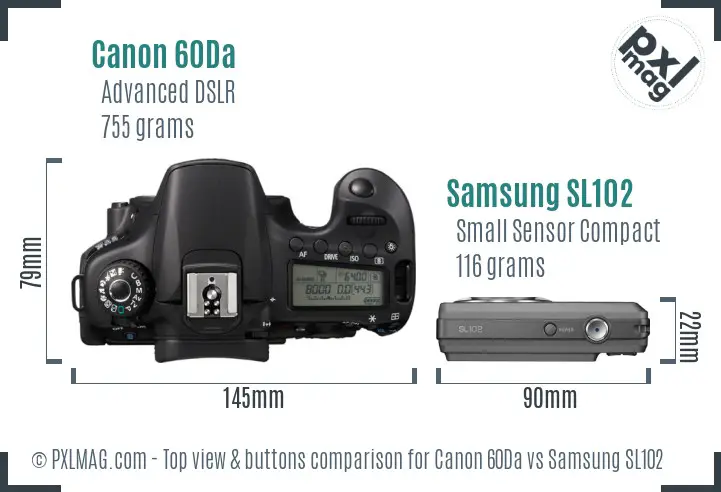 Canon 60Da vs Samsung SL102 top view buttons comparison