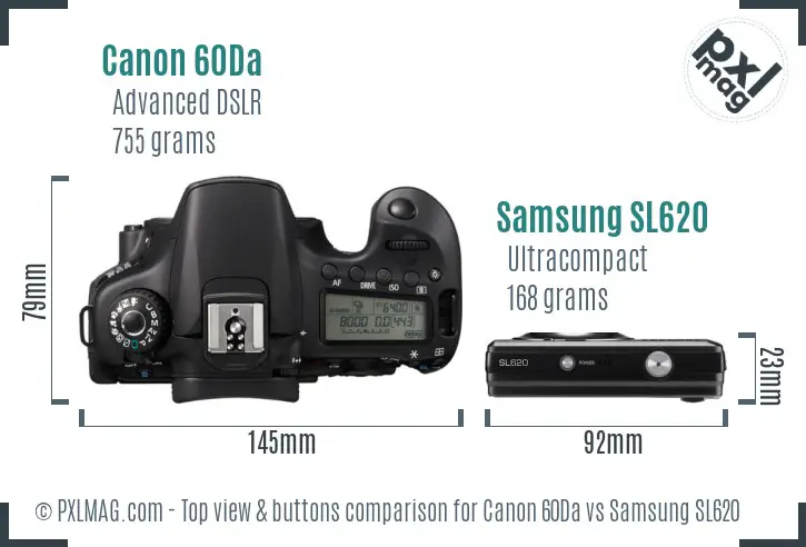 Canon 60Da vs Samsung SL620 top view buttons comparison