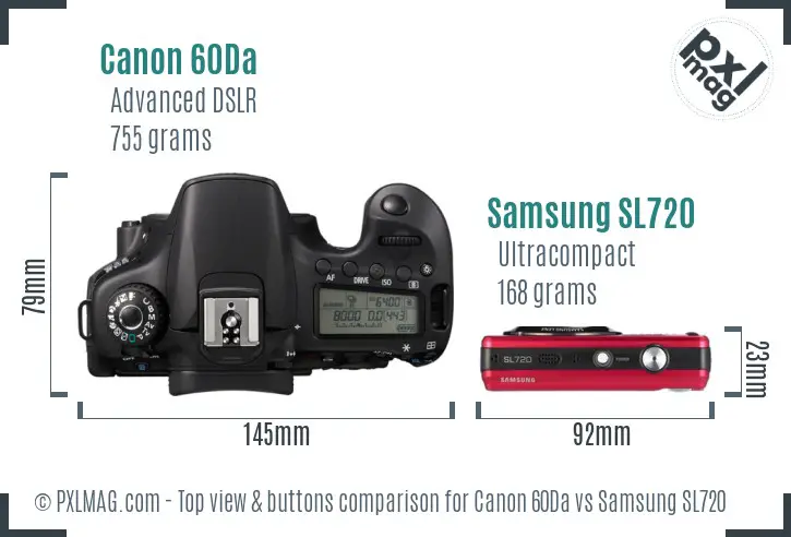 Canon 60Da vs Samsung SL720 top view buttons comparison