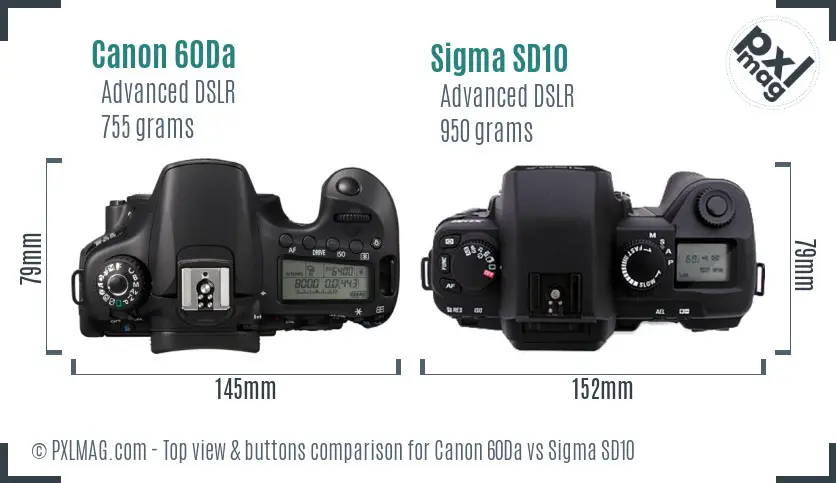 Canon 60Da vs Sigma SD10 top view buttons comparison
