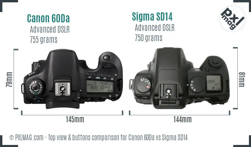 Canon 60Da vs Sigma SD14 top view buttons comparison Canon 60Da vs Sigma SD14 top view buttons comparison
