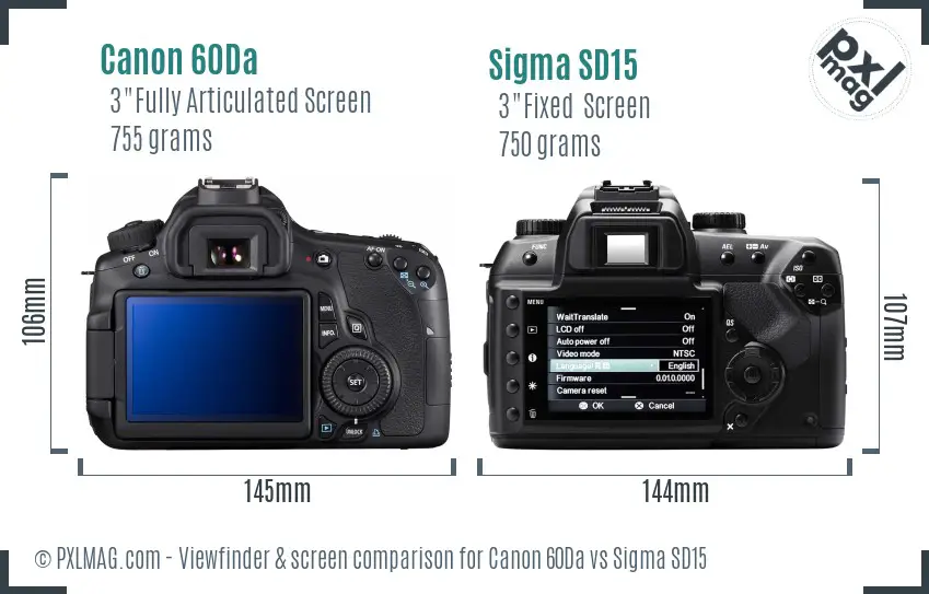 Canon 60Da vs Sigma SD15 Screen and Viewfinder comparison