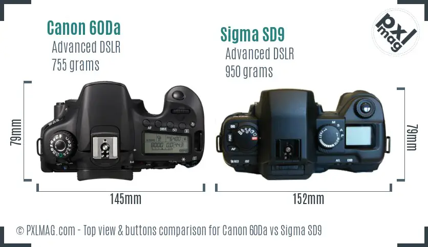 Canon 60Da vs Sigma SD9 top view buttons comparison