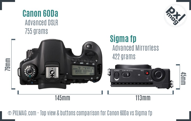 Canon 60Da vs Sigma fp top view buttons comparison