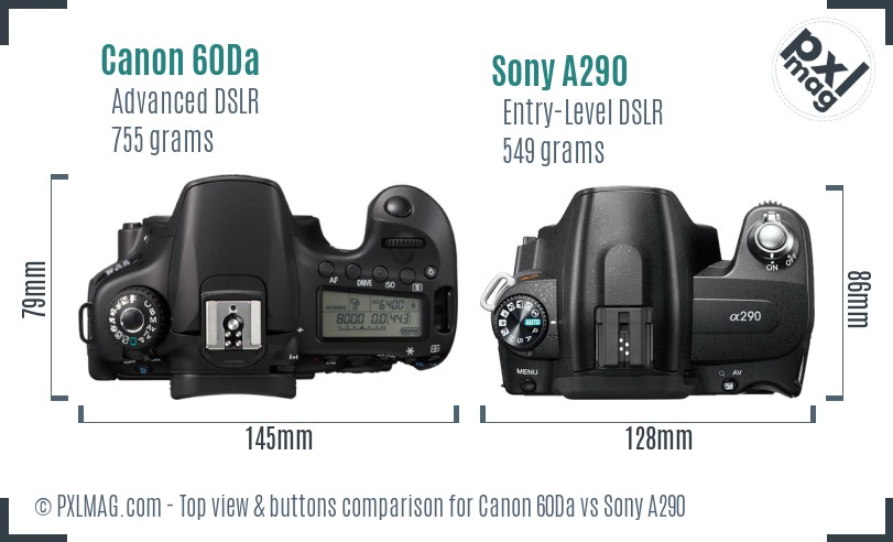 Canon 60Da vs Sony A290 top view buttons comparison