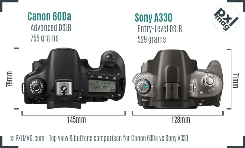 Canon 60Da vs Sony A330 top view buttons comparison