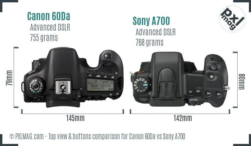 Canon 60Da vs Sony A700 top view buttons comparison