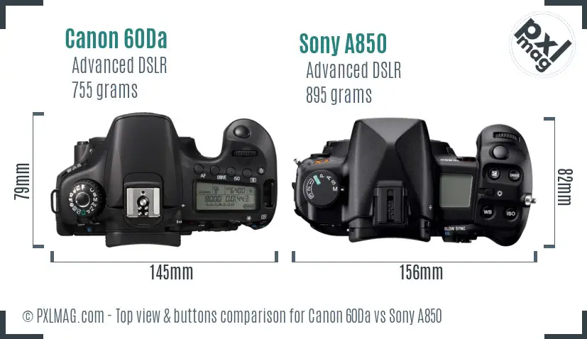 Canon 60Da vs Sony A850 top view buttons comparison