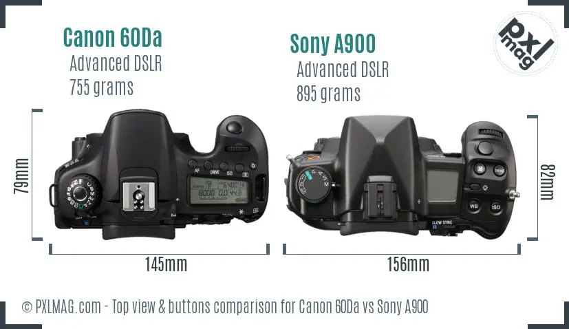 Canon 60Da vs Sony A900 top view buttons comparison