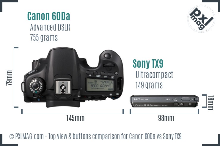 Canon 60Da vs Sony TX9 top view buttons comparison