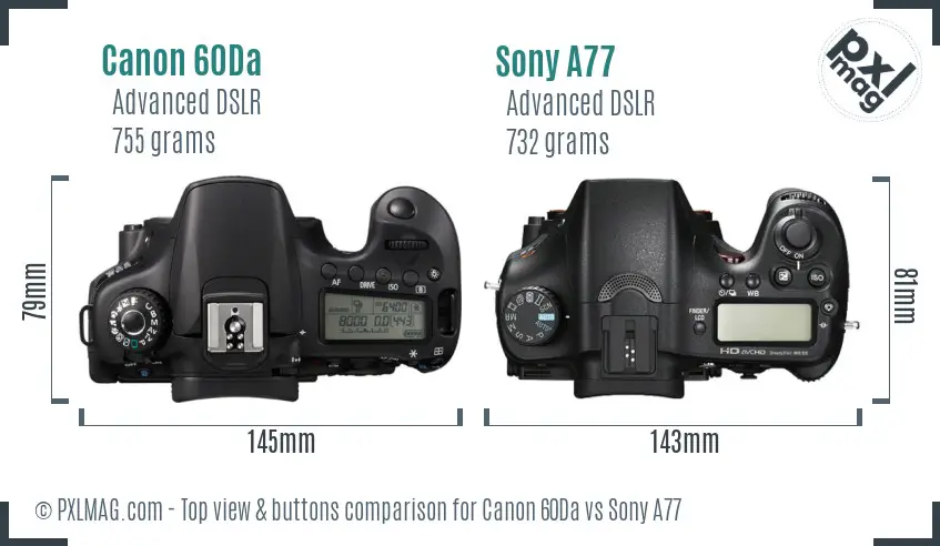 Canon 60Da vs Sony A77 top view buttons comparison