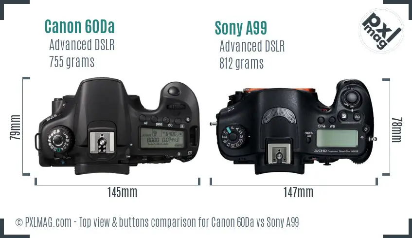 Canon 60Da vs Sony A99 top view buttons comparison