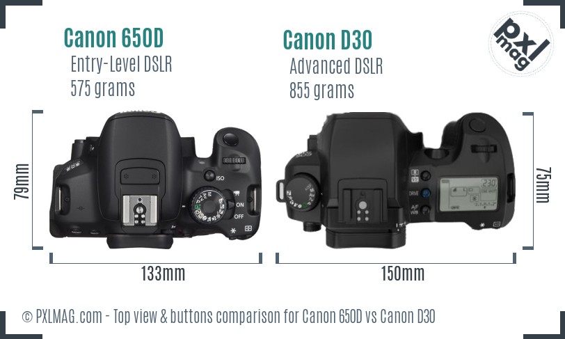 Canon 650D vs Canon D30 top view buttons comparison