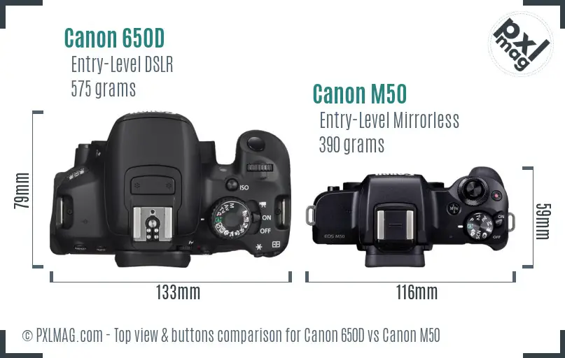 Canon 650D vs Canon M50 top view buttons comparison