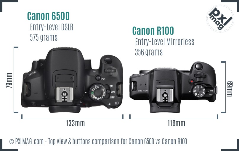Canon 650D vs Canon R100 top view buttons comparison