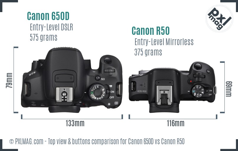 Canon 650D vs Canon R50 top view buttons comparison