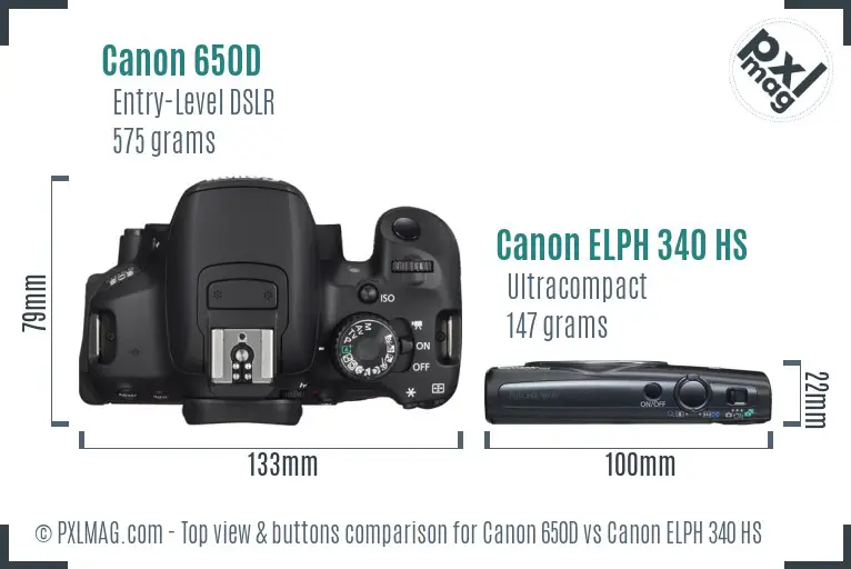 Canon 650D vs Canon ELPH 340 HS top view buttons comparison