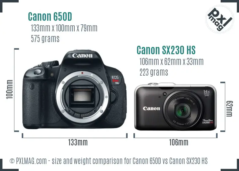 Canon 650D vs Canon SX230 HS size comparison