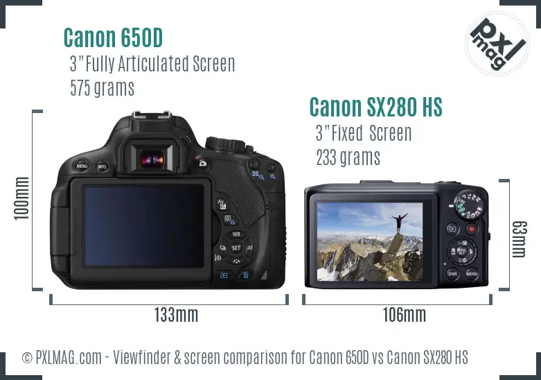 Canon 650D vs Canon SX280 HS Screen and Viewfinder comparison