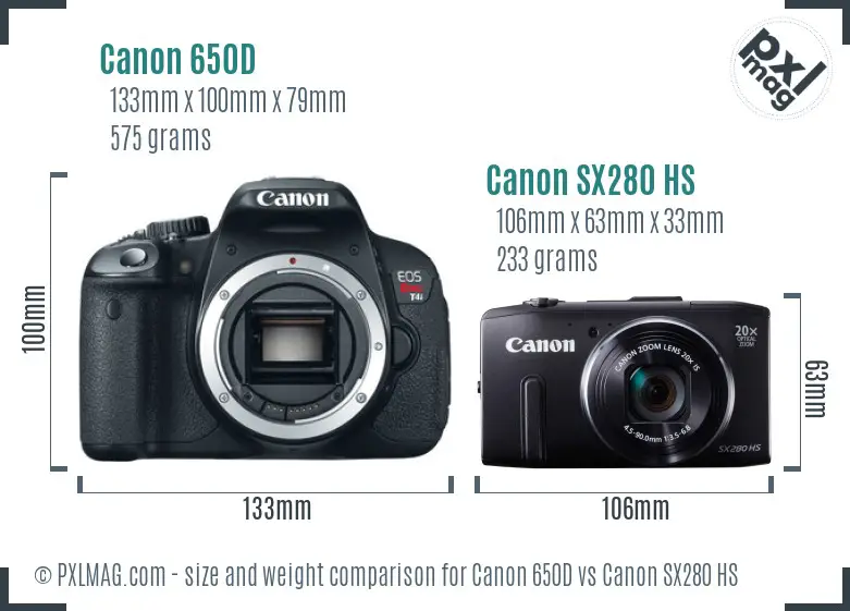 Canon 650D vs Canon SX280 HS size comparison
