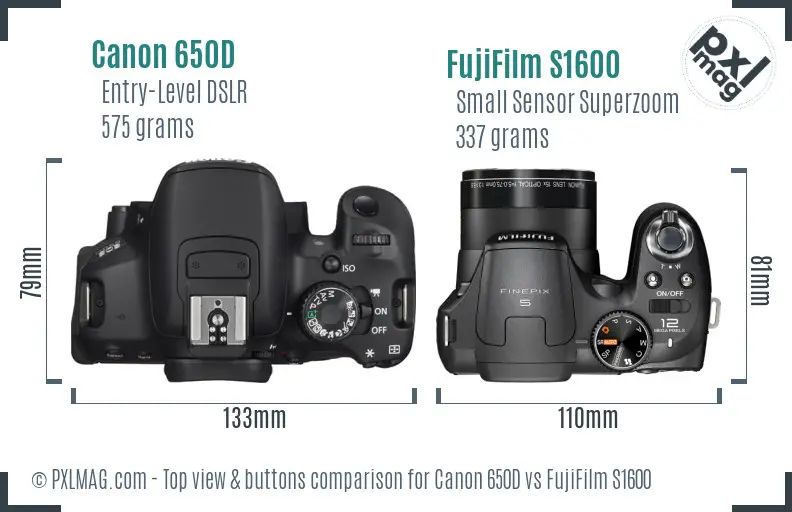 Canon 650D vs FujiFilm S1600 top view buttons comparison