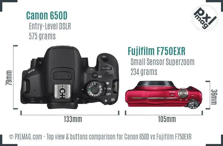 Canon 650D vs Fujifilm F750EXR top view buttons comparison