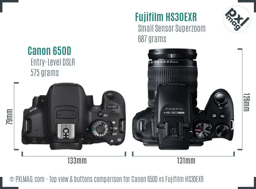 Canon 650D vs Fujifilm HS30EXR top view buttons comparison Canon 650D vs Fujifilm HS30EXR top view buttons comparison