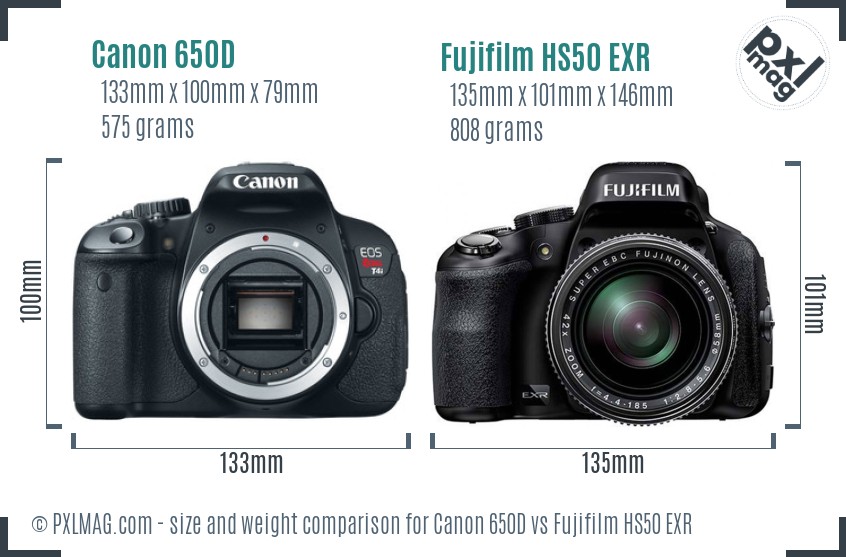 Canon 650D vs Fujifilm HS50 EXR size comparison