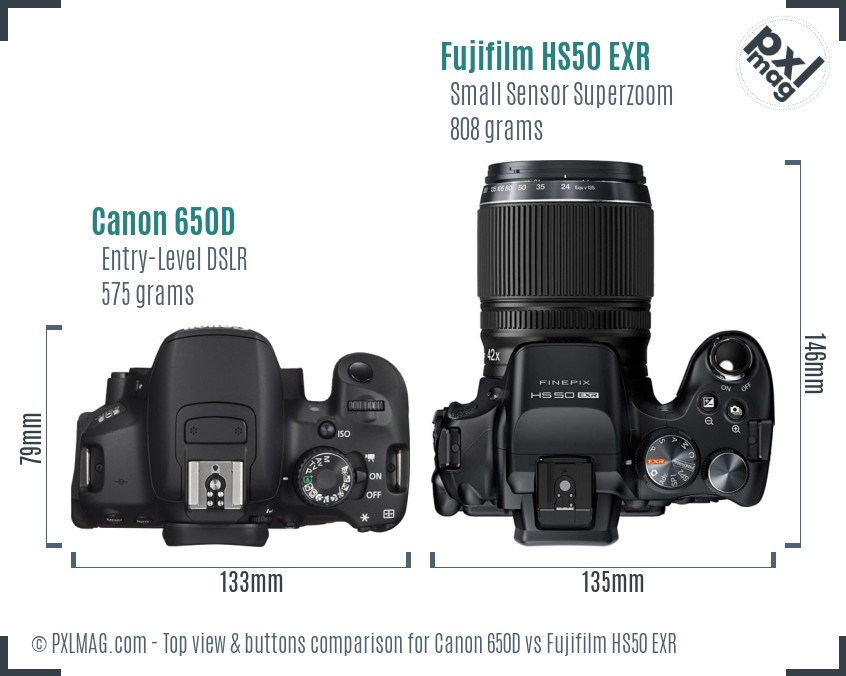 Canon 650D vs Fujifilm HS50 EXR top view buttons comparison
