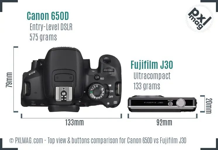 Canon 650D vs Fujifilm J30 top view buttons comparison Canon 650D vs Fujifilm J30 top view buttons comparison
