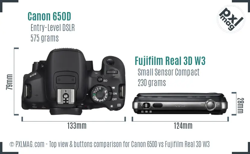 Canon 650D vs Fujifilm Real 3D W3 top view buttons comparison